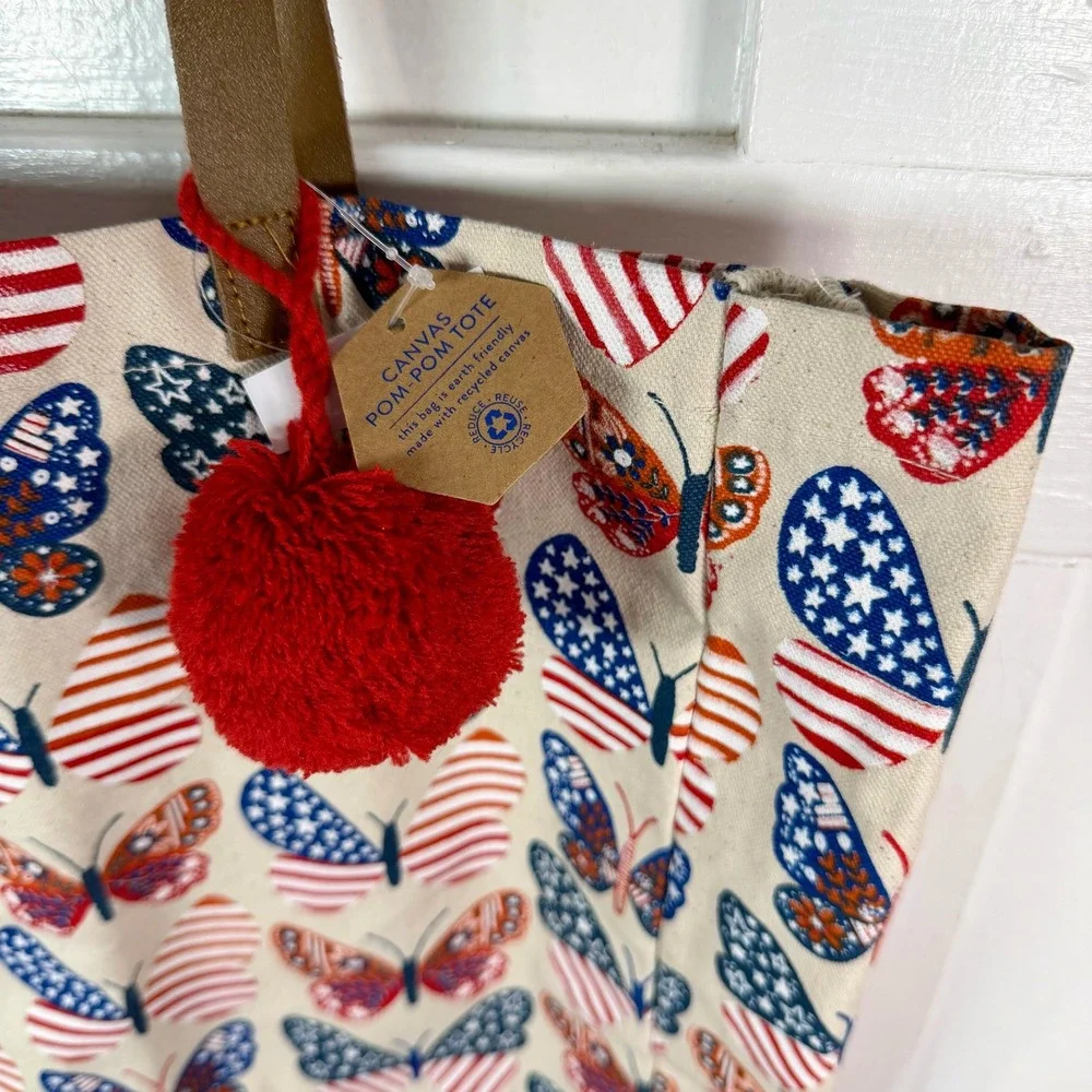 Canvas Boho Butterfly Flag Print Tote Bag Red White Blue Pom‎ Pom Red Straps